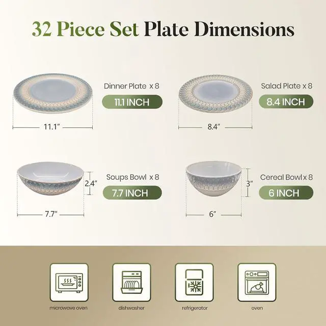 Alt view image 2 of 7 - Kitchen Academy 32pcs Stoneware Plates and Bowls Set for 8, Blue | Handmade Reactive Glaze Ceramic Dinnerware Set, Dish Set with Embossed Design, Microwave and Dishwasher Safe