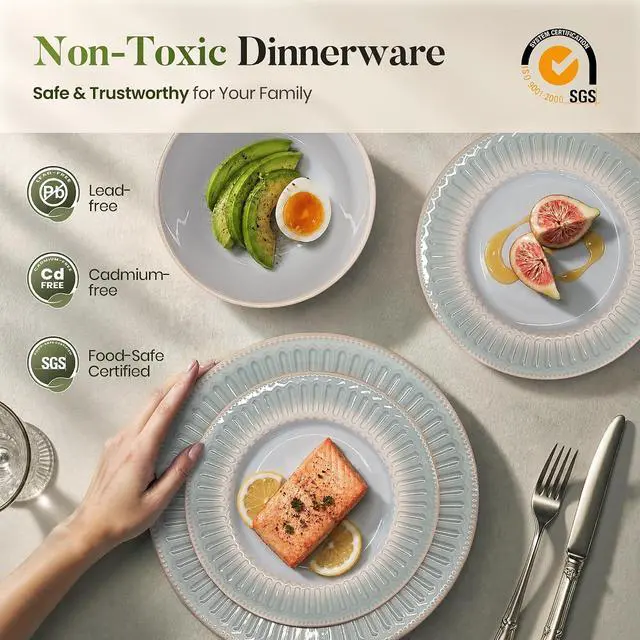 Alt view image 5 of 7 - Kitchen Academy 24-Piece Stoneware Dinnerware Set for 8, Blue | Ceramic Plates and Bowls Set, Non Toxic, Embossed Dishes, Oven & Microwave & Dishwasher Safe