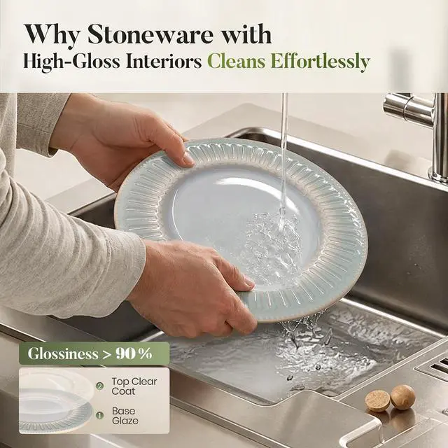 Alt view image 7 of 7 - Kitchen Academy 24-Piece Stoneware Dinnerware Set for 8, Blue | Ceramic Plates and Bowls Set, Non Toxic, Embossed Dishes, Oven & Microwave & Dishwasher Safe