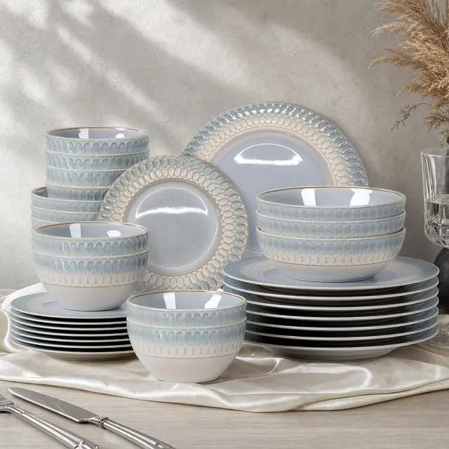 Main image of Kitchen Academy 32pcs Stoneware Plates and Bowls Set for 8, Blue | Handmade Reactive Glaze Ceramic Dinnerware Set, Dish Set with Embossed Design, Microwave and Dishwasher Safe