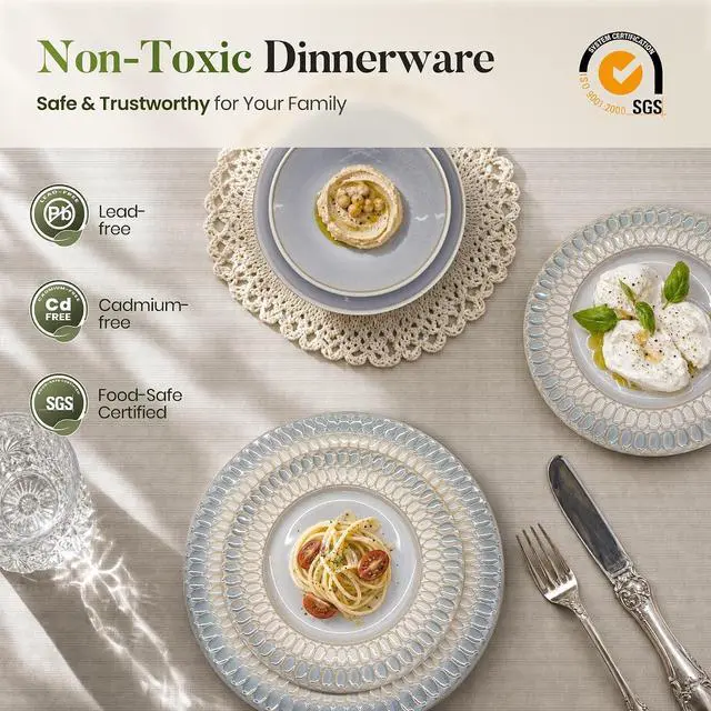 Alt view image 4 of 7 - Kitchen Academy 32pcs Stoneware Plates and Bowls Set for 8, Blue | Handmade Reactive Glaze Ceramic Dinnerware Set, Dish Set with Embossed Design, Microwave and Dishwasher Safe