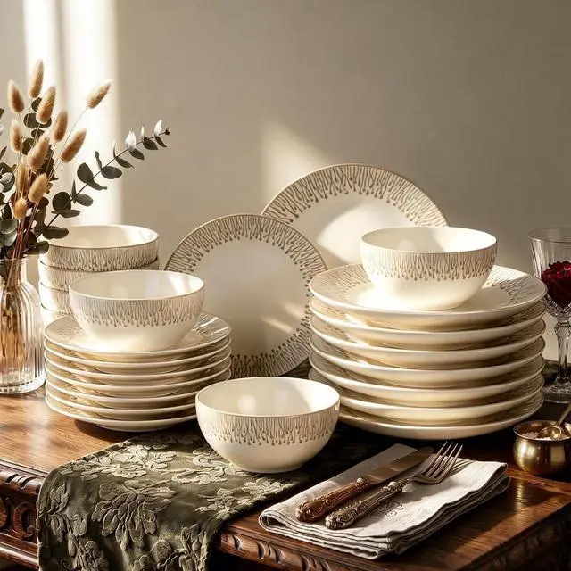 Main image of Kitchen Academy 24-Piece Stoneware Embossed Dinnerware Sets for 8, Beige | Ceramic Dish Set,Handmade Reactive Glaze Plates and Bowls, Oven & Dishwasher & Microwave Safe