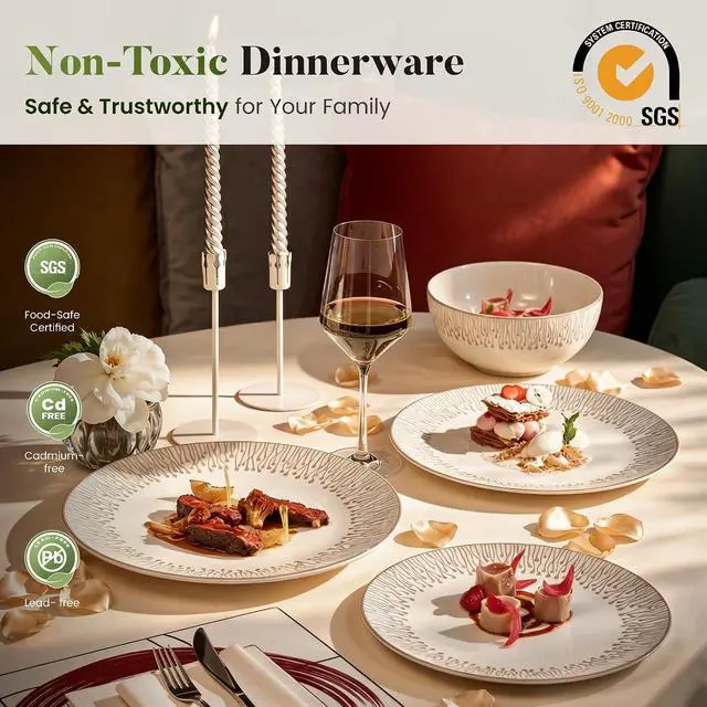 Alt view image 4 of 7 - Kitchen Academy 24-Piece Stoneware Embossed Dinnerware Sets for 8, Beige | Ceramic Dish Set,Handmade Reactive Glaze Plates and Bowls, Oven & Dishwasher & Microwave Safe