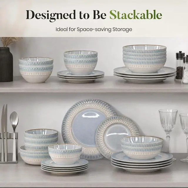 Alt view image 7 of 7 - Kitchen Academy 32pcs Stoneware Plates and Bowls Set for 8, Blue | Handmade Reactive Glaze Ceramic Dinnerware Set, Dish Set with Embossed Design, Microwave and Dishwasher Safe