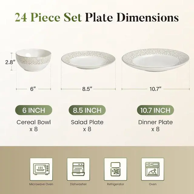 Alt view image 6 of 7 - Kitchen Academy 24-Piece Stoneware Embossed Dinnerware Sets for 8, Beige | Ceramic Dish Set,Handmade Reactive Glaze Plates and Bowls, Oven & Dishwasher & Microwave Safe