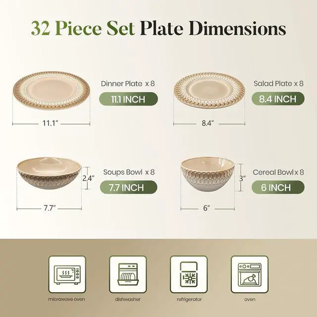 Alt view image 2 of 7 - Kitchen Academy 32pcs Stoneware Dinnerware Set for 8, Brown | Ceramic Plates and Bowls Sets with Embossed Design, Kitchen Dish Set, Oven, Microwave & Dishwasher Safe