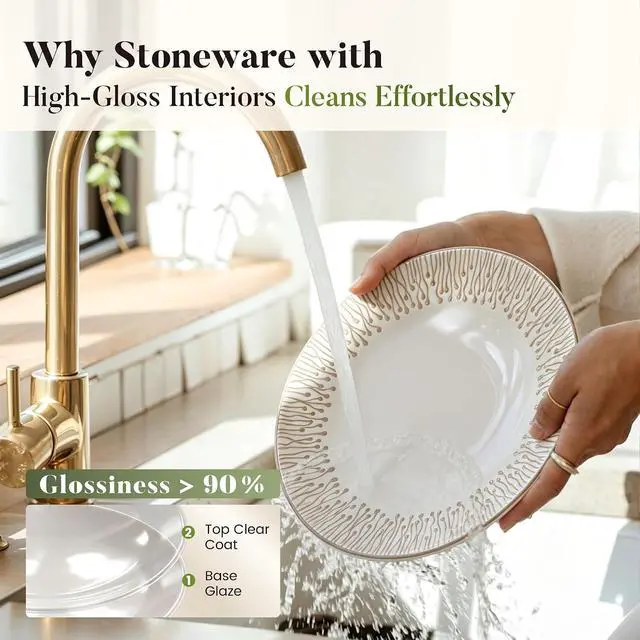 Alt view image 7 of 7 - Kitchen Academy 24-Piece Stoneware Embossed Dinnerware Sets for 8, Beige | Ceramic Dish Set,Handmade Reactive Glaze Plates and Bowls, Oven & Dishwasher & Microwave Safe