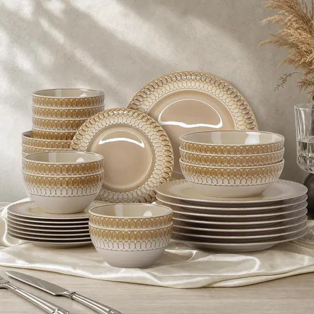 Main image of Kitchen Academy 32pcs Stoneware Dinnerware Set for 8, Brown | Ceramic Plates and Bowls Sets with Embossed Design, Kitchen Dish Set, Oven, Microwave & Dishwasher Safe