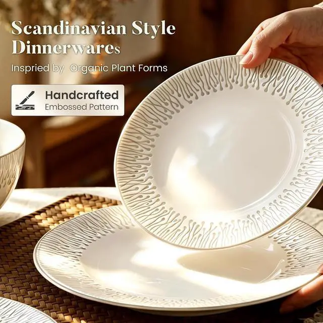 Alt view image 5 of 7 - Kitchen Academy 24-Piece Stoneware Embossed Dinnerware Sets for 8, Beige | Ceramic Dish Set,Handmade Reactive Glaze Plates and Bowls, Oven & Dishwasher & Microwave Safe
