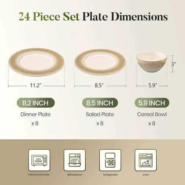 Alt view image 2 of 7 - Kitchen Academy 24 Pieces Stoneware Dinnerware Sets for 8, Brown | Embossed Plates and Bowls Set, Non Toxic, Ceramic Scratch Resistant Dishes, Oven & Microwave & Dishwasher Safe