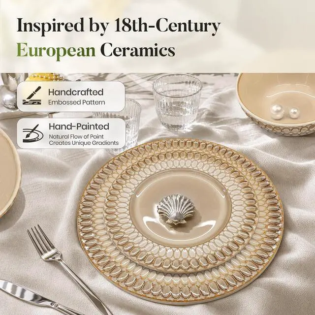 Alt view image 6 of 7 - Kitchen Academy 32pcs Stoneware Dinnerware Set for 8, Brown | Ceramic Plates and Bowls Sets with Embossed Design, Kitchen Dish Set, Oven, Microwave & Dishwasher Safe