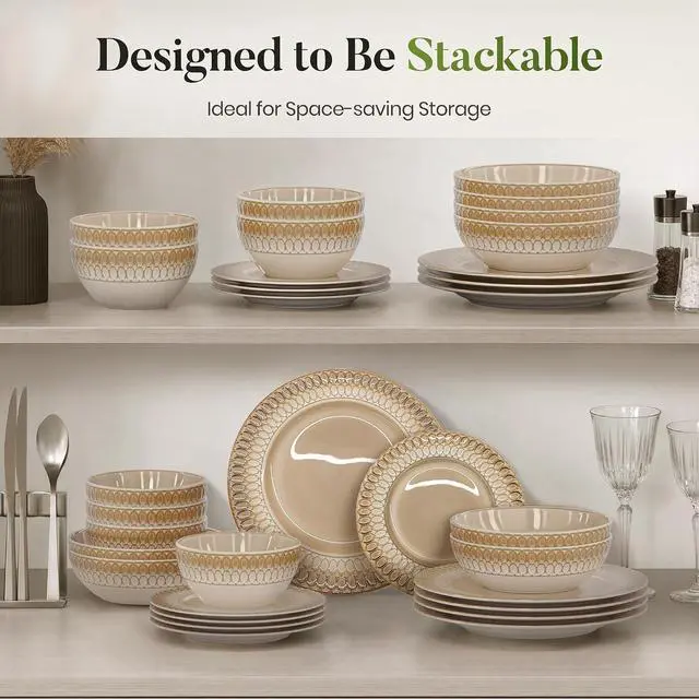 Alt view image 7 of 7 - Kitchen Academy 32pcs Stoneware Dinnerware Set for 8, Brown | Ceramic Plates and Bowls Sets with Embossed Design, Kitchen Dish Set, Oven, Microwave & Dishwasher Safe