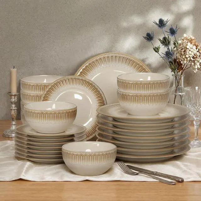 Main image of Kitchen Academy 24 Pieces Stoneware Dinnerware Sets for 8, Brown | Embossed Plates and Bowls Set, Non Toxic, Ceramic Scratch Resistant Dishes, Oven & Microwave & Dishwasher Safe