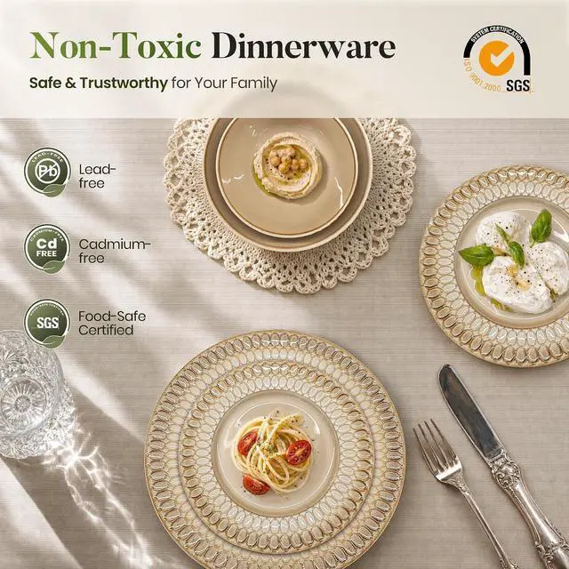 Alt view image 5 of 7 - Kitchen Academy 32pcs Stoneware Dinnerware Set for 8, Brown | Ceramic Plates and Bowls Sets with Embossed Design, Kitchen Dish Set, Oven, Microwave & Dishwasher Safe