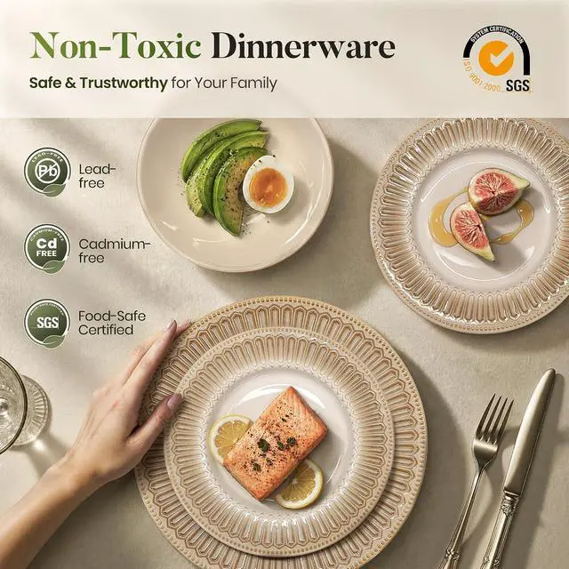 Alt view image 5 of 7 - Kitchen Academy 24 Pieces Stoneware Dinnerware Sets for 8, Brown | Embossed Plates and Bowls Set, Non Toxic, Ceramic Scratch Resistant Dishes, Oven & Microwave & Dishwasher Safe