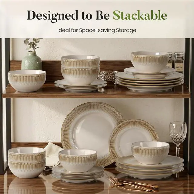 Alt view image 7 of 7 - Kitchen Academy 24 Pieces Stoneware Dinnerware Sets for 8, Brown | Embossed Plates and Bowls Set, Non Toxic, Ceramic Scratch Resistant Dishes, Oven & Microwave & Dishwasher Safe