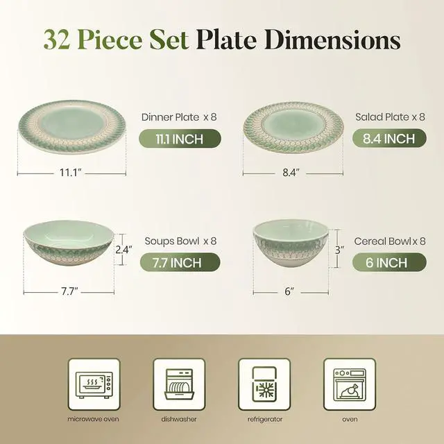 Alt view image 2 of 7 - Kitchen Academy 32Pcs Stoneware Embossed Dinnerware Set for 8, Green | Handmade Reactive Glaze Plates and Bowls Set, Chip & Scratch Resistant Dish Set, Microwave & Dishwasher Safe