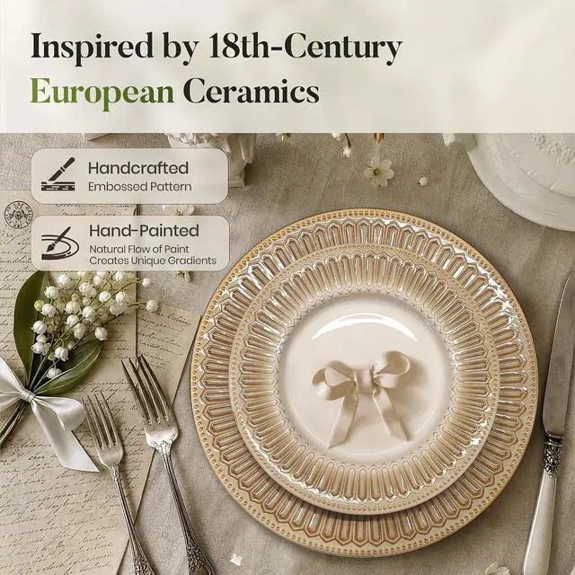 Alt view image 6 of 7 - Kitchen Academy 24 Pieces Stoneware Dinnerware Sets for 8, Brown | Embossed Plates and Bowls Set, Non Toxic, Ceramic Scratch Resistant Dishes, Oven & Microwave & Dishwasher Safe