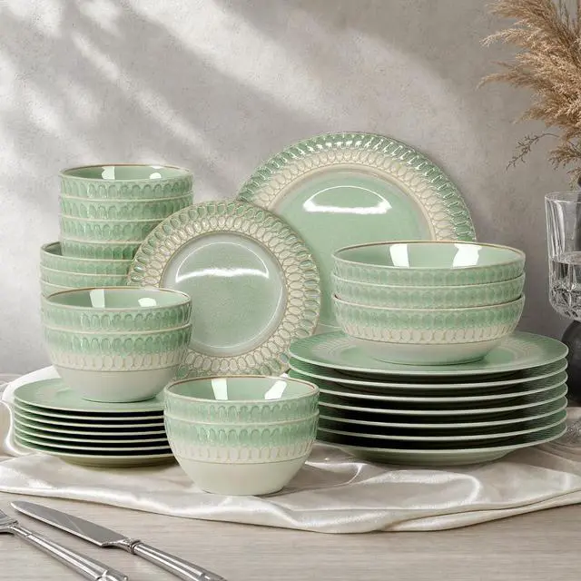 Main image of Kitchen Academy 32Pcs Stoneware Embossed Dinnerware Set for 8, Green | Handmade Reactive Glaze Plates and Bowls Set, Chip & Scratch Resistant Dish Set, Microwave & Dishwasher Safe