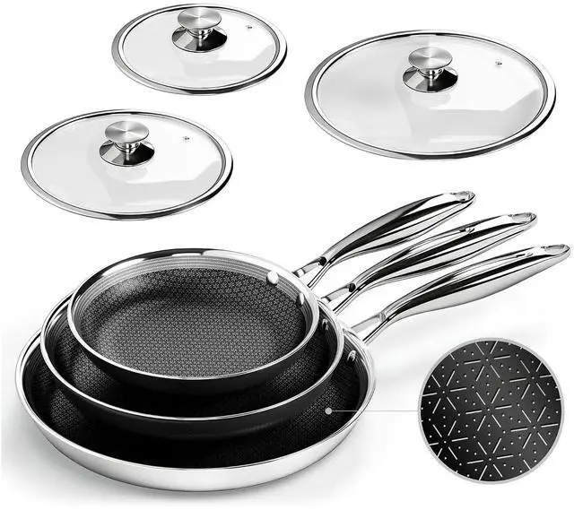 Main image of Kitchen Academy Tri-Ply Hybrid Nonstick Stainless Steel Frying Pan Set | 8", 10" & 12" Skillets with Lids, Snowflake Surface, Stay-Cool Handles, Oven & Dishwasher Safe, PFAS Free