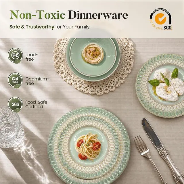 Alt view image 5 of 7 - Kitchen Academy 32Pcs Stoneware Embossed Dinnerware Set for 8, Green | Handmade Reactive Glaze Plates and Bowls Set, Chip & Scratch Resistant Dish Set, Microwave & Dishwasher Safe