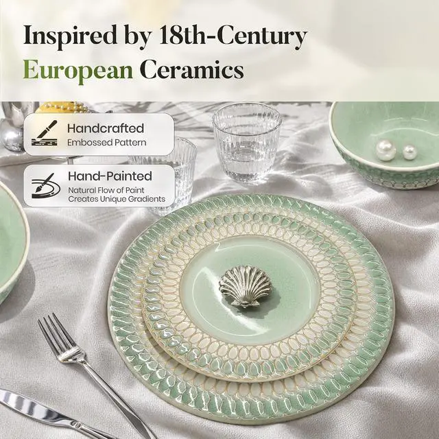 Alt view image 6 of 7 - Kitchen Academy 32Pcs Stoneware Embossed Dinnerware Set for 8, Green | Handmade Reactive Glaze Plates and Bowls Set, Chip & Scratch Resistant Dish Set, Microwave & Dishwasher Safe
