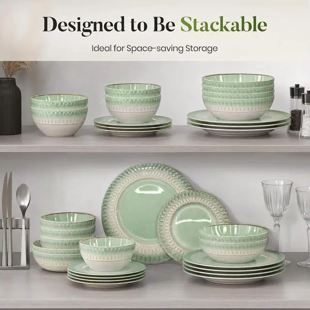 Alt view image 7 of 7 - Kitchen Academy 32Pcs Stoneware Embossed Dinnerware Set for 8, Green | Handmade Reactive Glaze Plates and Bowls Set, Chip & Scratch Resistant Dish Set, Microwave & Dishwasher Safe