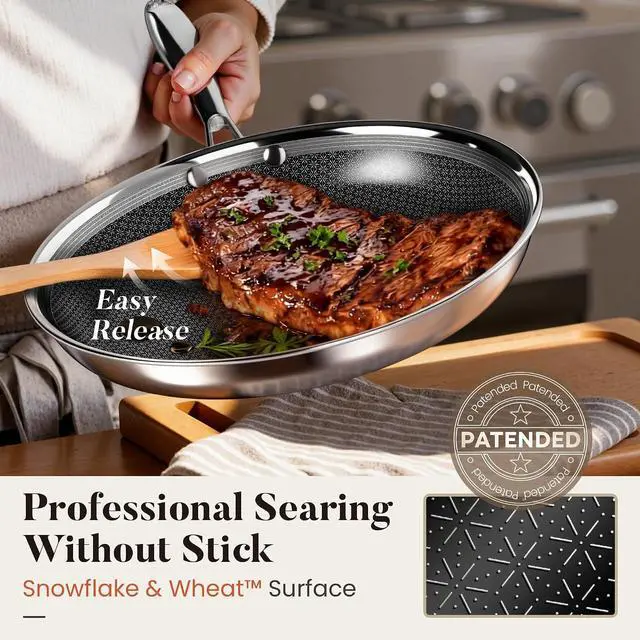 Alt view image 4 of 7 - Kitchen Academy Tri-Ply Hybrid Nonstick Stainless Steel Frying Pan Set | 8", 10" & 12" Skillets with Lids, Snowflake Surface, Stay-Cool Handles, Oven & Dishwasher Safe, PFAS Free