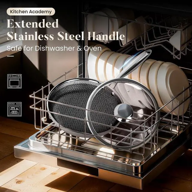Alt view image 6 of 7 - Kitchen Academy Tri-Ply Hybrid Nonstick Stainless Steel Frying Pan Set | 8", 10" & 12" Skillets with Lids, Snowflake Surface, Stay-Cool Handles, Oven & Dishwasher Safe, PFAS Free
