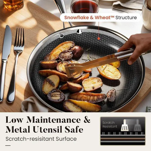 Alt view image 5 of 7 - Kitchen Academy Tri-Ply Hybrid Nonstick Stainless Steel Frying Pan Set | 8", 10" & 12" Skillets with Lids, Snowflake Surface, Stay-Cool Handles, Oven & Dishwasher Safe, PFAS Free