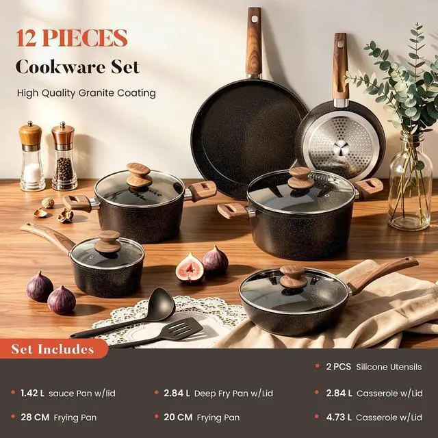 Alt view image 2 of 7 - Kitchen Academy 12Pcs Induction Pots and Pans Set Non Stick, Black Cookware | Granite Kitchen Nonstick Cookware Sets, Best Cooking Pot and Pan Set