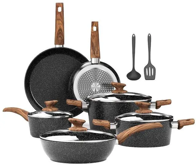 Main image of Kitchen Academy 12Pcs Induction Pots and Pans Set Non Stick, Black Cookware | Granite Kitchen Nonstick Cookware Sets, Best Cooking Pot and Pan Set