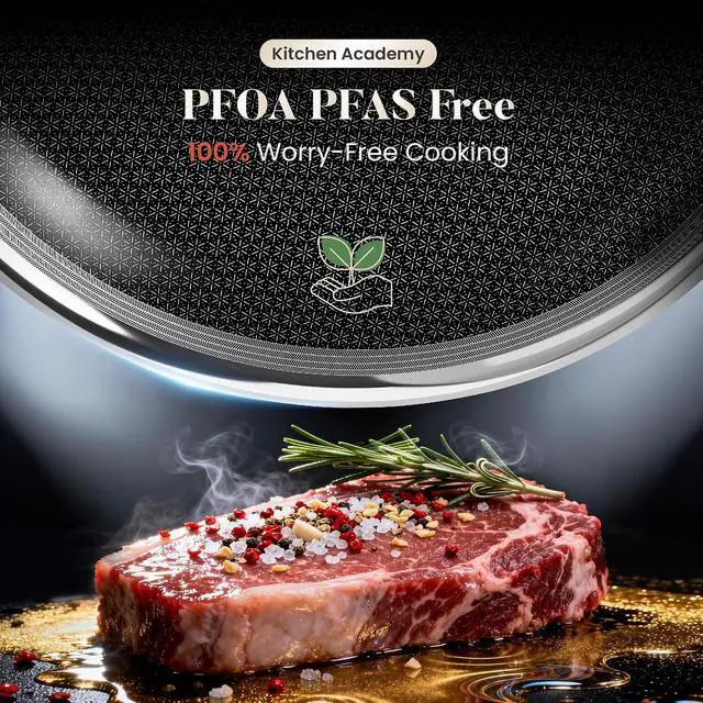 Alt view image 7 of 7 - Kitchen Academy Tri-Ply Hybrid Nonstick Stainless Steel Frying Pan Set | 8", 10" & 12" Skillets with Lids, Snowflake Surface, Stay-Cool Handles, Oven & Dishwasher Safe, PFAS Free