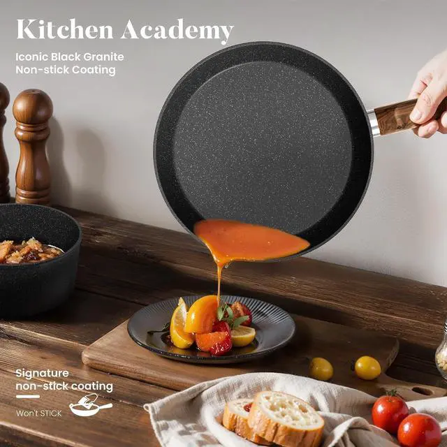 Alt view image 3 of 7 - Kitchen Academy 12Pcs Induction Pots and Pans Set Non Stick, Black Cookware | Granite Kitchen Nonstick Cookware Sets, Best Cooking Pot and Pan Set