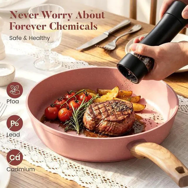 Alt view image 4 of 7 - Kitchen Academy Induction Pots and Pans Set Non Stick, 12Pcs Pink Cookware | Even heating, easy to clean granite. Healthy kitchen cooking pans and pots set. 100% PFOA & PFAS free
