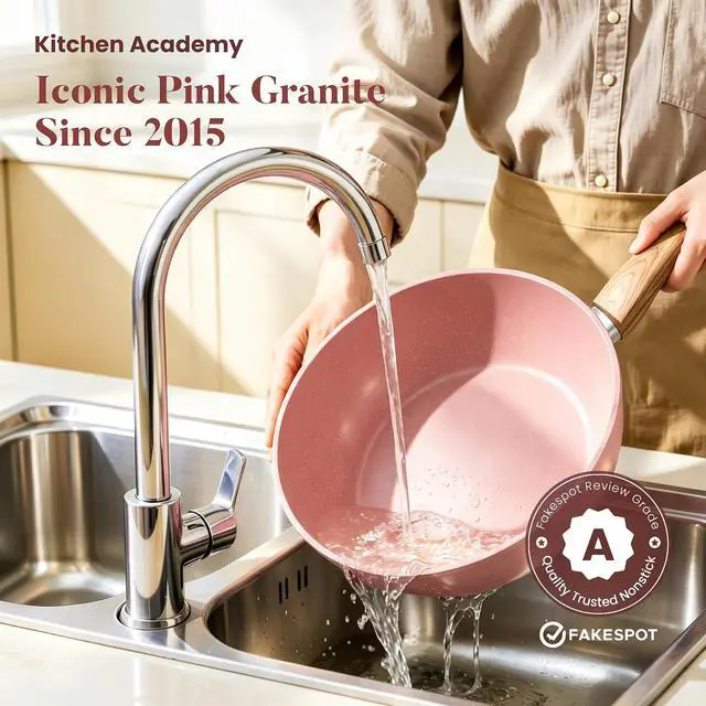 Alt view image 5 of 7 - Kitchen Academy Induction Pots and Pans Set Non Stick, 12Pcs Pink Cookware | Even heating, easy to clean granite. Healthy kitchen cooking pans and pots set. 100% PFOA & PFAS free