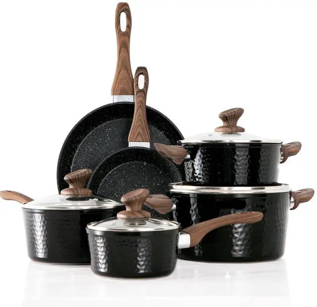 Main image of Kitchen Academy Pots and Pans Set Non Stick, 15pcs Hammered Cookware | Black Induction Kitchen Cookware Sets, Healthy Non-toxic Granite Cooking Pans Set