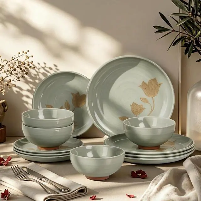 Main image of Kitchen Academy 12Pcs Boho Floral Stoneware Dinnerware Set for 4 | Plates and Bowls Set, Non-Toxic Ceramic Dish Set, Microwave, dishwasher & oven safe