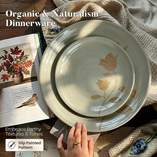 Alt view image 2 of 7 - Kitchen Academy 12Pcs Boho Floral Stoneware Dinnerware Set for 4 | Plates and Bowls Set, Non-Toxic Ceramic Dish Set, Microwave, dishwasher & oven safe