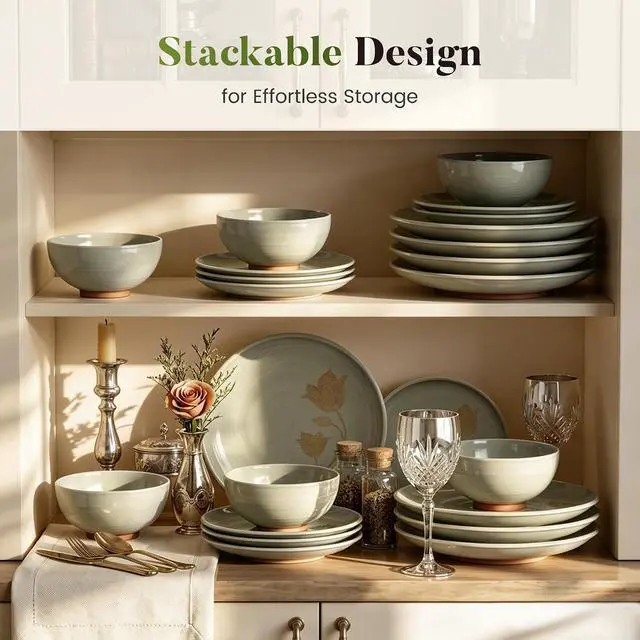 Alt view image 7 of 7 - Kitchen Academy 12Pcs Boho Floral Stoneware Dinnerware Set for 4 | Plates and Bowls Set, Non-Toxic Ceramic Dish Set, Microwave, dishwasher & oven safe