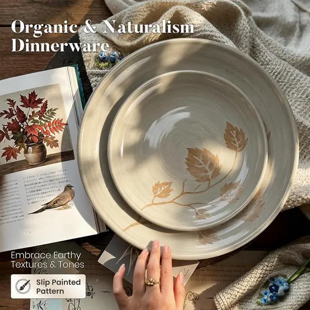 Alt view image 2 of 7 - 12Pcs Boho Leaf Stoneware Dinnerware Set for 4, Plates & Bowls | Kitchen Academy green tableware. Microwave, dishwasher & oven safe. Durable chip resistant scratchproof everyday cooking.
