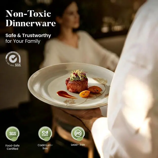 Alt view image 5 of 7 - 12Pcs Boho Leaf Stoneware Dinnerware Set for 4, Plates & Bowls | Kitchen Academy green tableware. Microwave, dishwasher & oven safe. Durable chip resistant scratchproof everyday cooking.