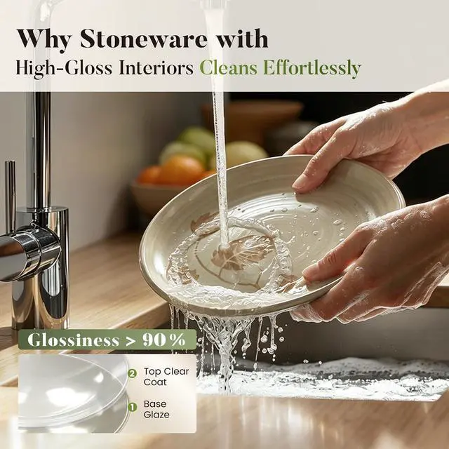 Alt view image 4 of 7 - 12Pcs Boho Leaf Stoneware Dinnerware Set for 4, Plates & Bowls | Kitchen Academy green tableware. Microwave, dishwasher & oven safe. Durable chip resistant scratchproof everyday cooking.