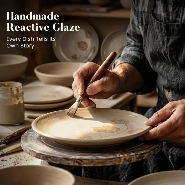 Alt view image 6 of 7 - 12Pcs Boho Leaf Stoneware Dinnerware Set for 4, Plates & Bowls | Kitchen Academy green tableware. Microwave, dishwasher & oven safe. Durable chip resistant scratchproof everyday cooking.