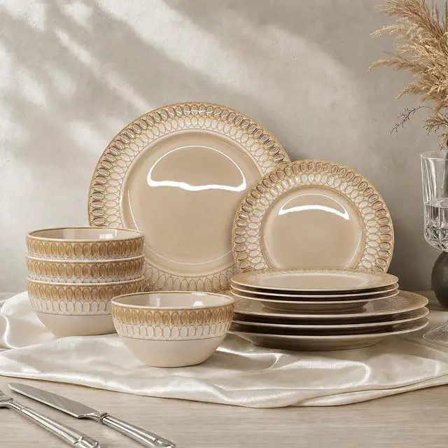 Main image of Kitchen Academy 12-Piece Brown Embossed Stoneware Dinnerware Set, for 4 | Plates and Bowls Set, Non-Toxic Ceramic Dish Set, Microwave & Dishwasher Safe, Scratch Resistant Kitchen Dishes