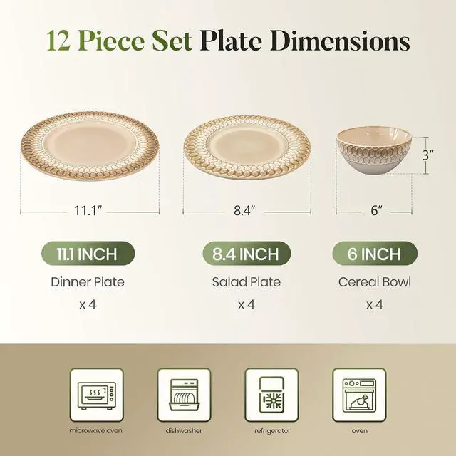 Alt view image 2 of 7 - Kitchen Academy 12-Piece Brown Embossed Stoneware Dinnerware Set, for 4 | Plates and Bowls Set, Non-Toxic Ceramic Dish Set, Microwave & Dishwasher Safe, Scratch Resistant Kitchen Dishes