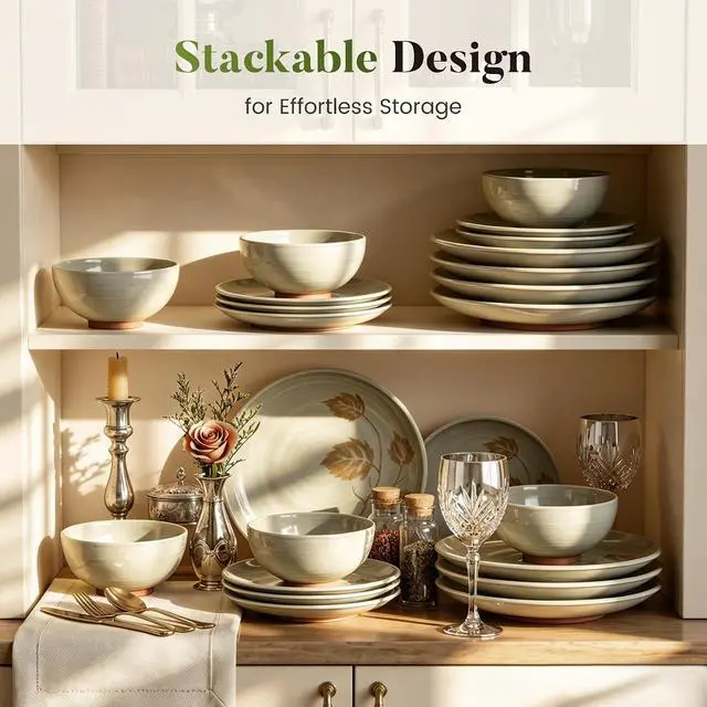 Alt view image 7 of 7 - 12Pcs Boho Leaf Stoneware Dinnerware Set for 4, Plates & Bowls | Kitchen Academy green tableware. Microwave, dishwasher & oven safe. Durable chip resistant scratchproof everyday cooking.