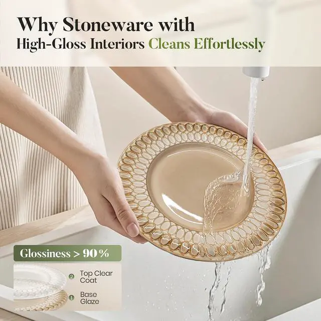 Alt view image 4 of 7 - Kitchen Academy 12-Piece Brown Embossed Stoneware Dinnerware Set, for 4 | Plates and Bowls Set, Non-Toxic Ceramic Dish Set, Microwave & Dishwasher Safe, Scratch Resistant Kitchen Dishes