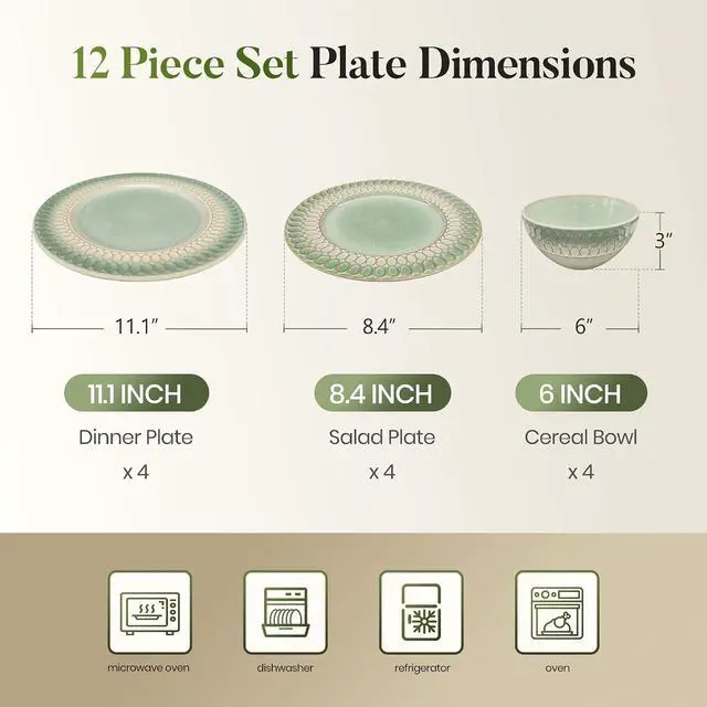 Alt view image 2 of 7 - Kitchen Academy 12-Piece Green Embossed Stoneware Dinnerware Set, for 4 | Plates and Bowls Set, Non-Toxic Ceramic Dish Set, Microwave & Dishwasher Safe, Scratch Resistant Kitchen Dishes