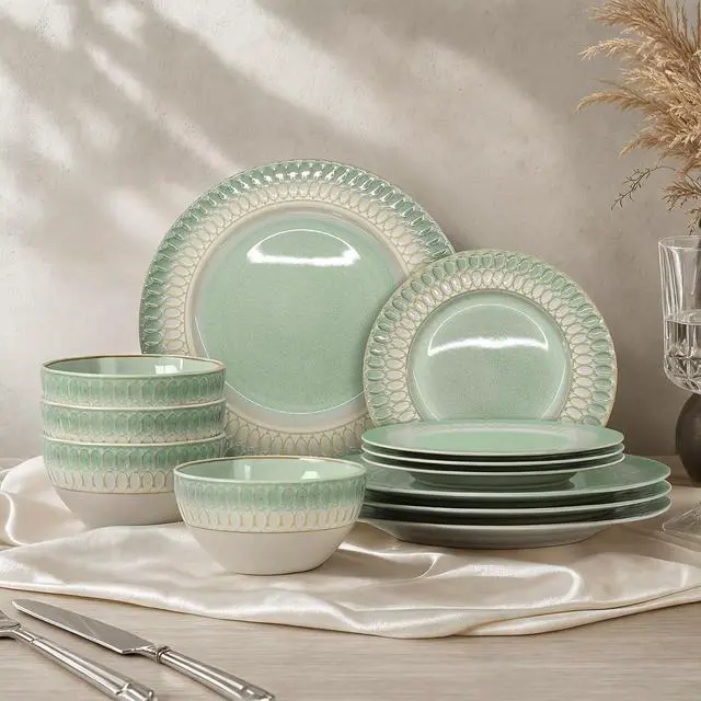 Main image of Kitchen Academy 12-Piece Green Embossed Stoneware Dinnerware Set, for 4 | Plates and Bowls Set, Non-Toxic Ceramic Dish Set, Microwave & Dishwasher Safe, Scratch Resistant Kitchen Dishes
